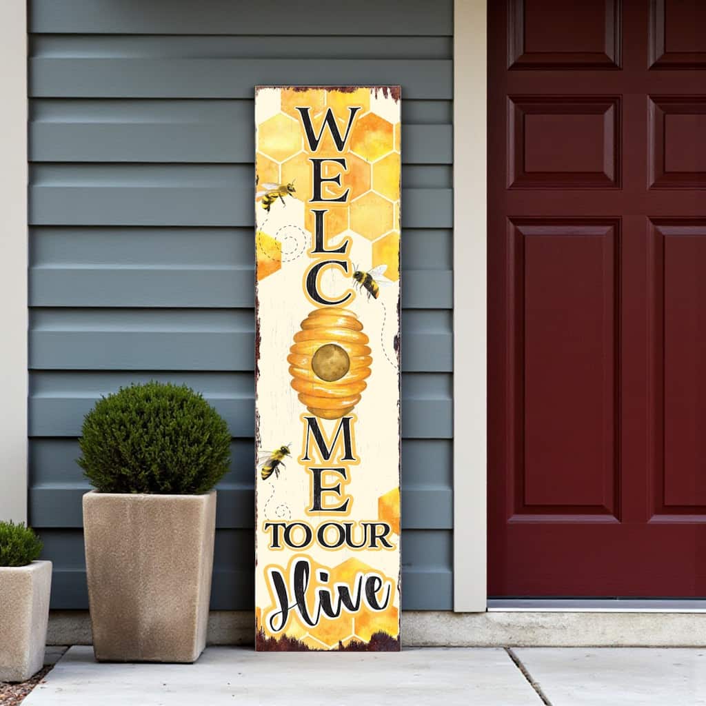 HomeRoots 36" Yellow And Black Solid Wood Welcome To Our Hive Porch Sign