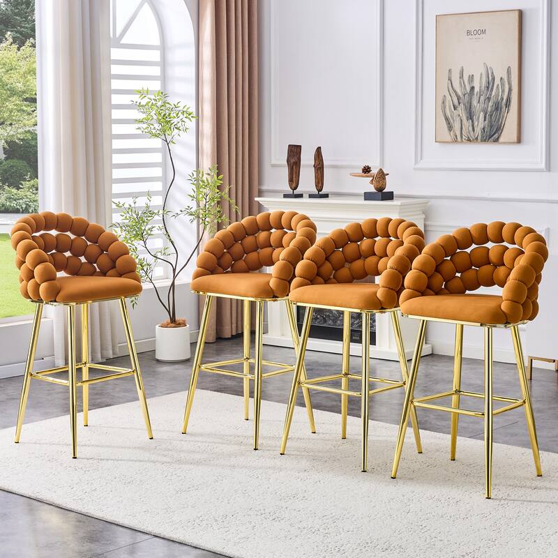 Set of 2 Puffy Bubble Chair Ball Chain Chair Velvet Bar Stools with Gold Legs, Modern Tufted Accent Bar Chairs