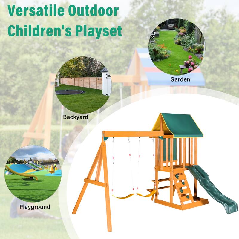 Cedar Wood Outdoor Swing Set 3 in 1 Swing Set, Outdoor Children's Playset with Slide, 2 Swings and Climber for Backyard