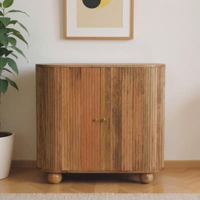 HomeRoots 35" Brown Solid Wood Ribbed Texture Oval Accent Cabinet With Two Doors