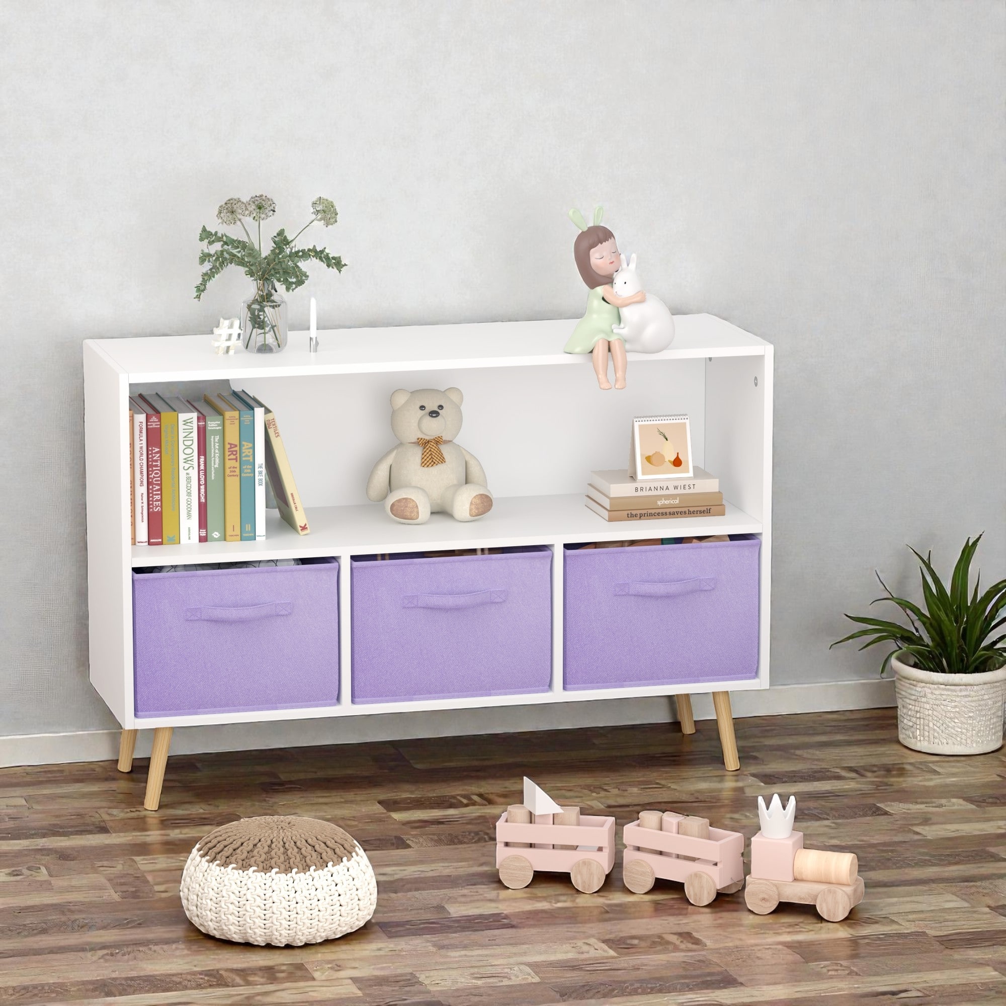 Kids Bookcase with 3 Collapsible Fabric Drawers, Children's Bookshelf and Toy Storage Organizer for Playroom and Bedroom