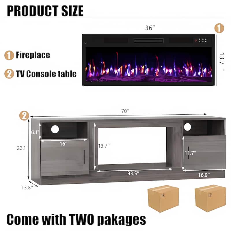 Bossin 70" Fireplace TV Stand with 36" Electric Fireplace, TV Stand for TVs Up to 80", 20 Colors LED Lights/Entertainment Center
