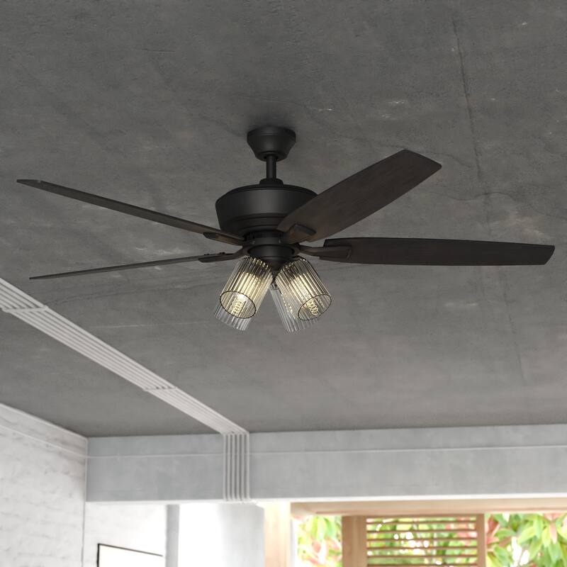 Fircrest 60 in. Matte Black Ceiling Fan with Reversible Gray Oak-Black Oak Blades, LED Light Kit and Remote, 6 Speeds, DC Motor - 60-in W x 21-in H x 60-in D - Matte Black