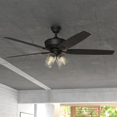 Fircrest 60 in. Matte Black Ceiling Fan with Reversible Gray Oak-Black Oak Blades, LED Light Kit and Remote, 6 Speeds, DC Motor