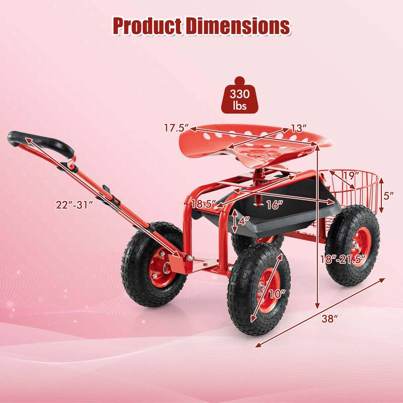 Costway Garden Cart Patio Wagon Roll Work Seat with Tray Basket - See Details