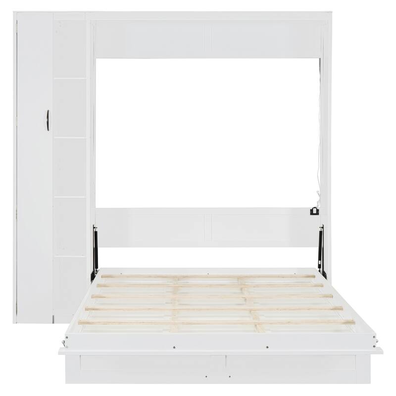 Queen Size Wall Bed with Shelves, Wardrobe, and LED Lights, Space-Saving Design