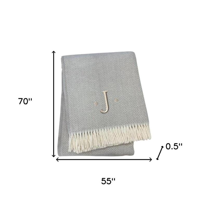 HomeRoots 55" X 70" Gray And White Herringbone Cotton Blend J Throw Blanket with Tassels And Embroidery