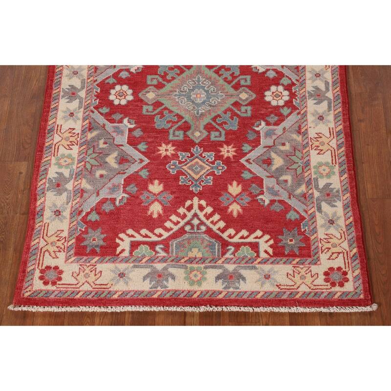 Red Kazak Accent Rug Handmade Geometric Wool Carpet - 3'4"x 4'8"