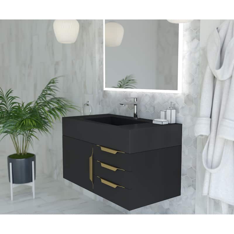 Nile 36" Wall Mounted Bathroom Vanity Set w/ Black Top
