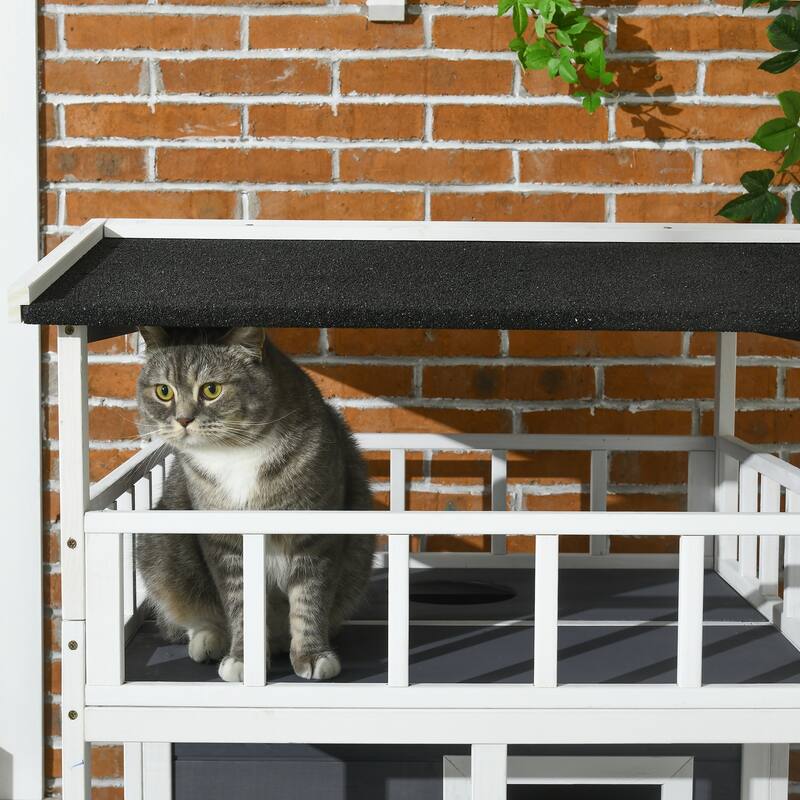 Wooden Outdoor Cat House, Feral Cat Shelter Kitten Tree with Asphalt Roof, Escape Doors, Condo, Jumping Platform - Grey