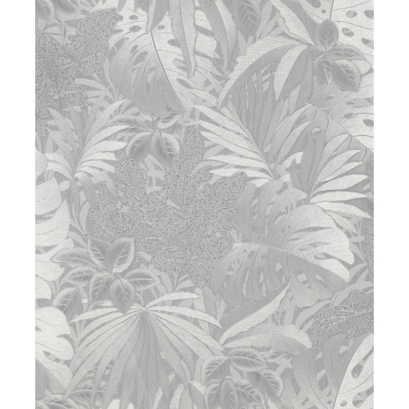Galerie Wallcoverings Eden Collection Metallic Jungle Leaves Vinyl on Non-Woven Wallpaper Roll - 33 feet x 21 inches - Silver