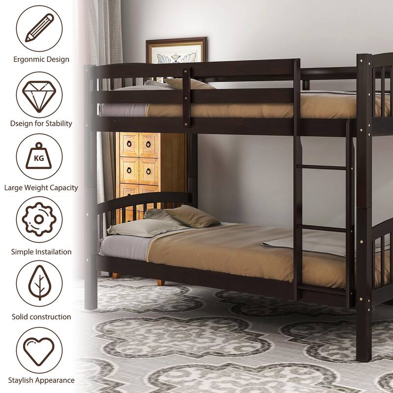 Twin Over Twin Bunk Bed with Ladder & Guardrail, Solid Wood Bedframe