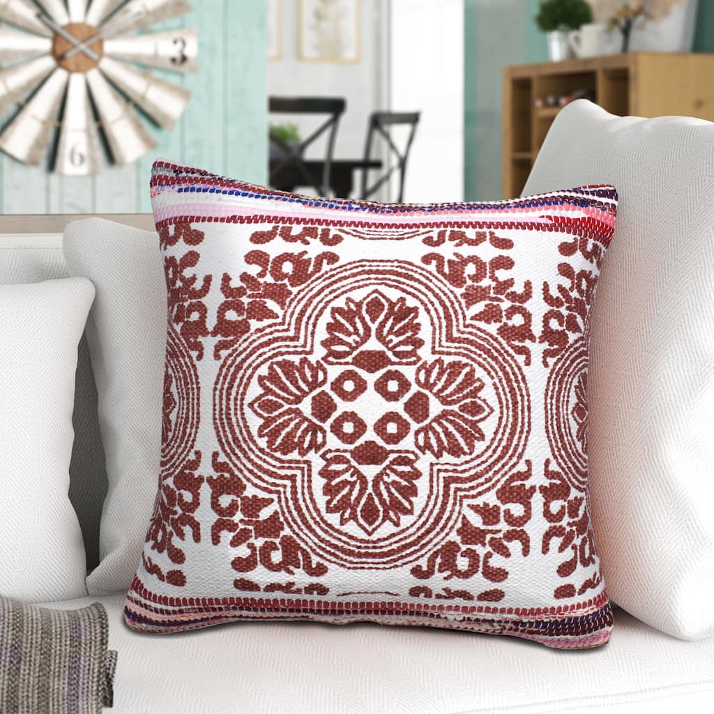 Handwoven Moroccan Medallion Square Throw Pillow Cover - 20" - White and Red