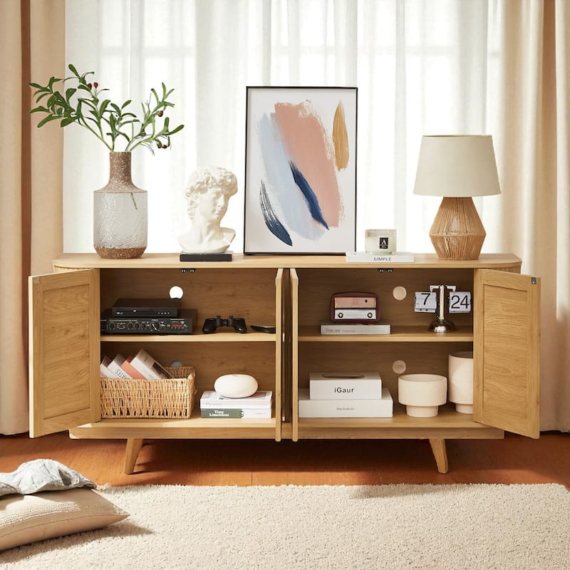 64" Wave Shaped TV Stand with Rattan Doors, Natural Wood Sideboard Buffet Storage Cabinet for Entryway Kitchen Bedroom