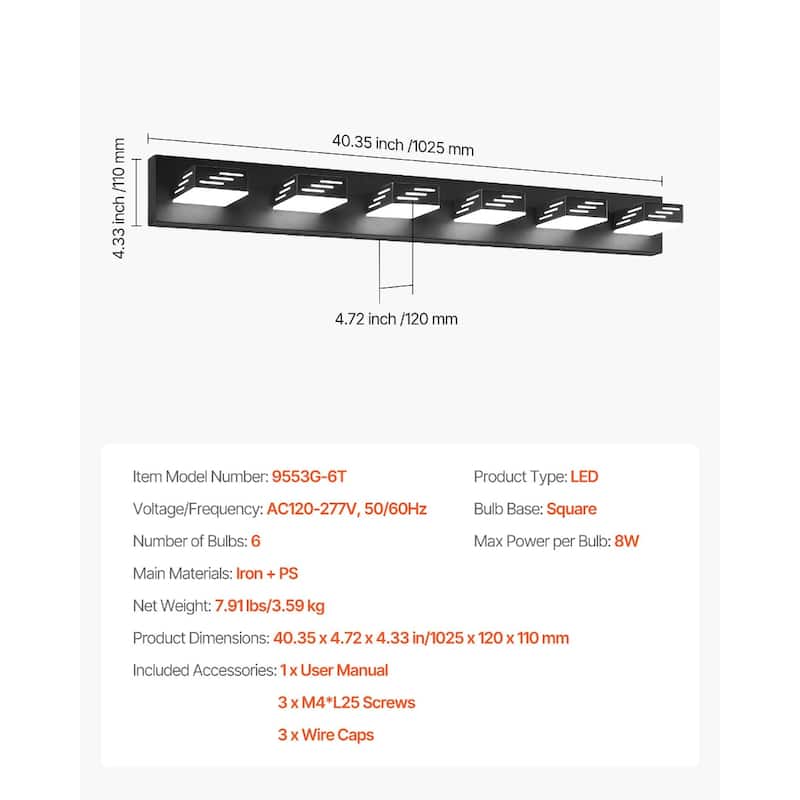 Modern Wall Mount Black Bathroom Vanity LED Light Fixture with 6 Rotatable Heads - N/A