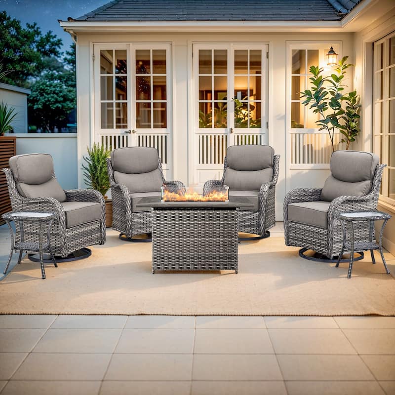 Pocassy Outdoor 6 Inch Sofa Chair Ottoman with Fire Pit Table Set - Grey Wicker Gray Cushion - 7 Pieces Swivel Chair Table with Fire Table