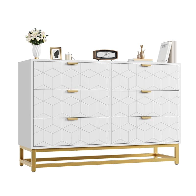 6 Drawer Dresser, Wide Wood Chest with Metal Legs, Modern Storage Cabinet for Bedroom, Living Room