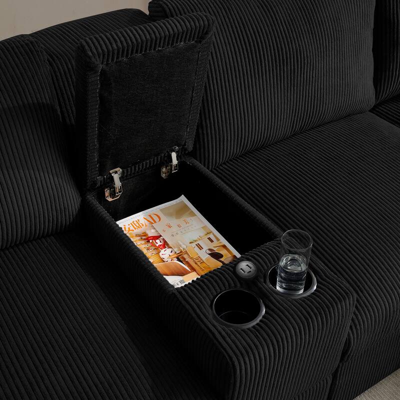 Modern Memory Foam Couch Corduroy U-shaped Sectional Sofa with Storage Console, Cup Holders and USB Ports for Living Room