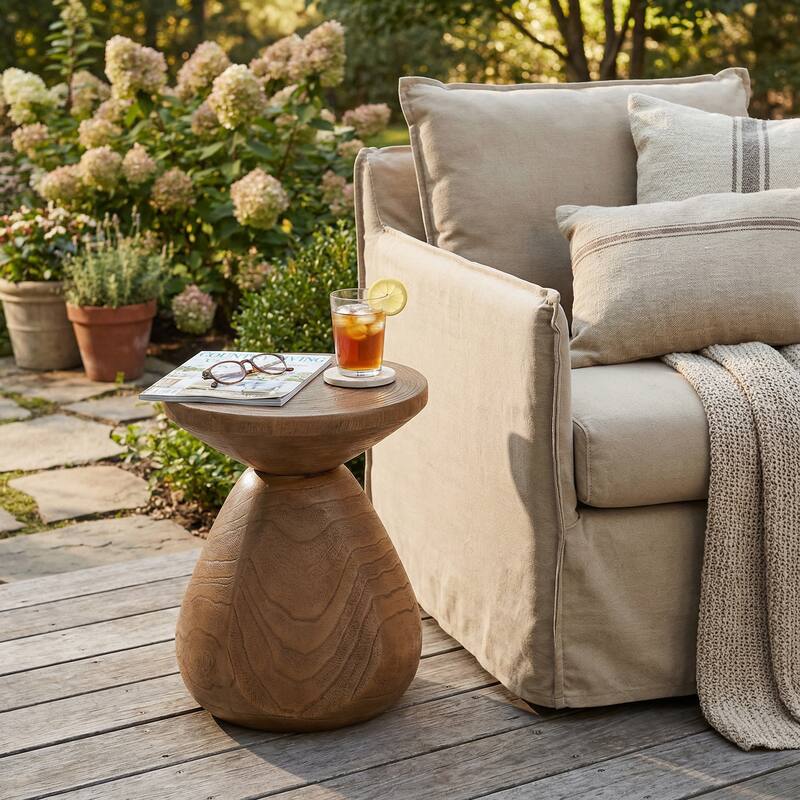 Roomfitters Patti Outdoor MGO Side Table with Authentic Wood Grain Finish, Waterdrop Base, Natural Wood - Natural Wood