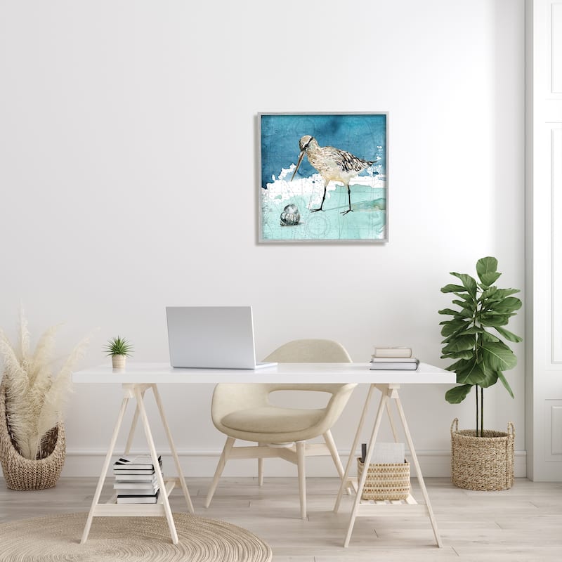 Stupell Beach Bird Round Shell Blue Ocean Coastal Map Framed Wall Art