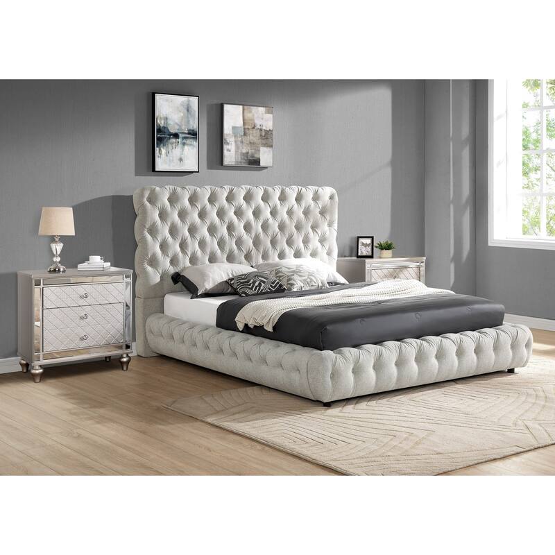 1pc Contemporary Upholstered Queen Bed Tufted Headboard and Footboard Bedroom Furniture Dove Gray