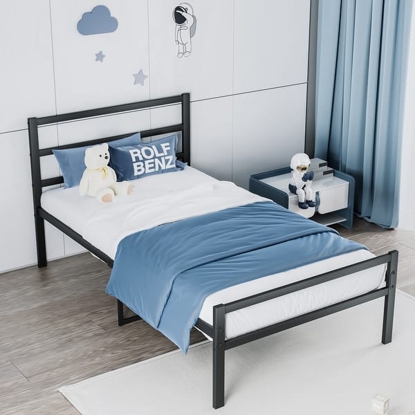 slide 2 of 10, Twin Size Metal Platform Bed Frame with Wave-Style Headboard, Durable Quiet Support System Black