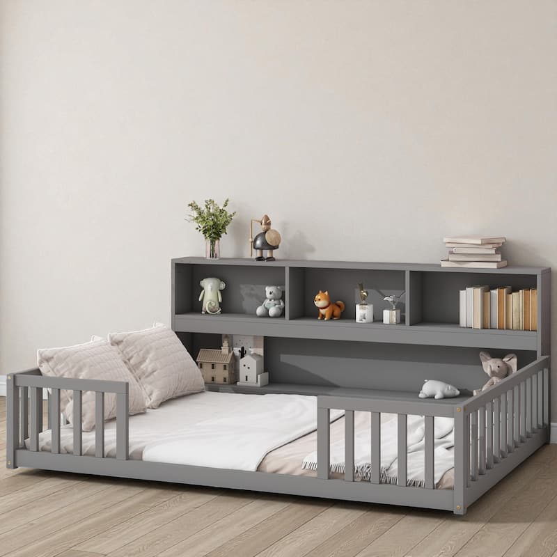 Twin/Full Size Wooden Floor Bed with Bedside Bookcase and Shelves, Low Platform Bed with Guardrails