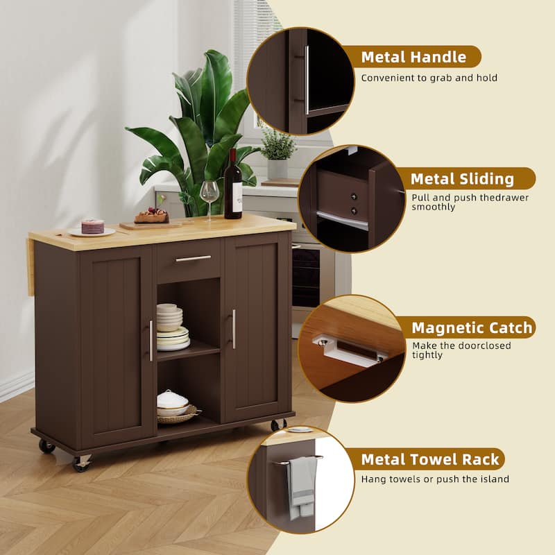2-Door Kitchen Island with Drawer & Drop Leaf - Mobile Storage Cart on Lockable Wheels for Kitchen, Dining Room, Bar