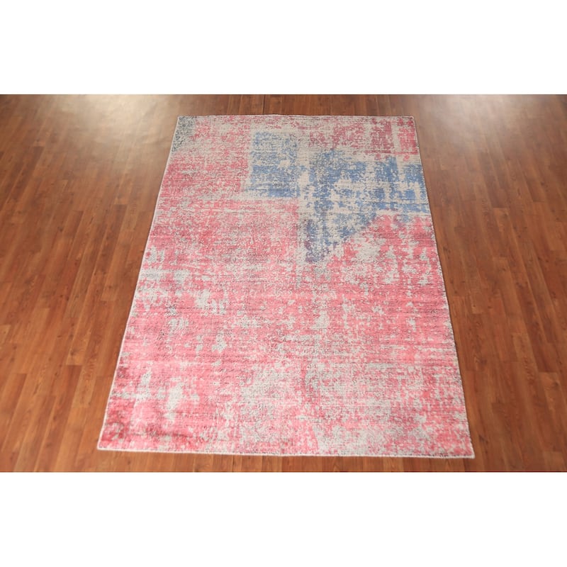 Pink Abstract Contemporary Area Rug Handmade Wool Carpet - 5'3"x 7'2"