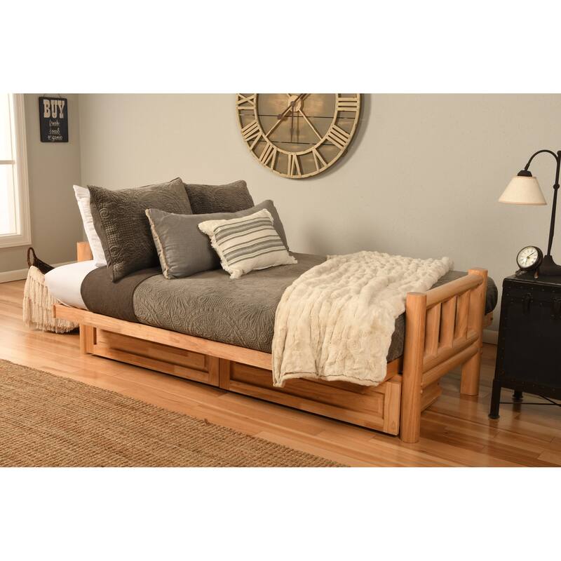 Somette Lodge Storage Futon Set in Natural Finish with Linen Mattress