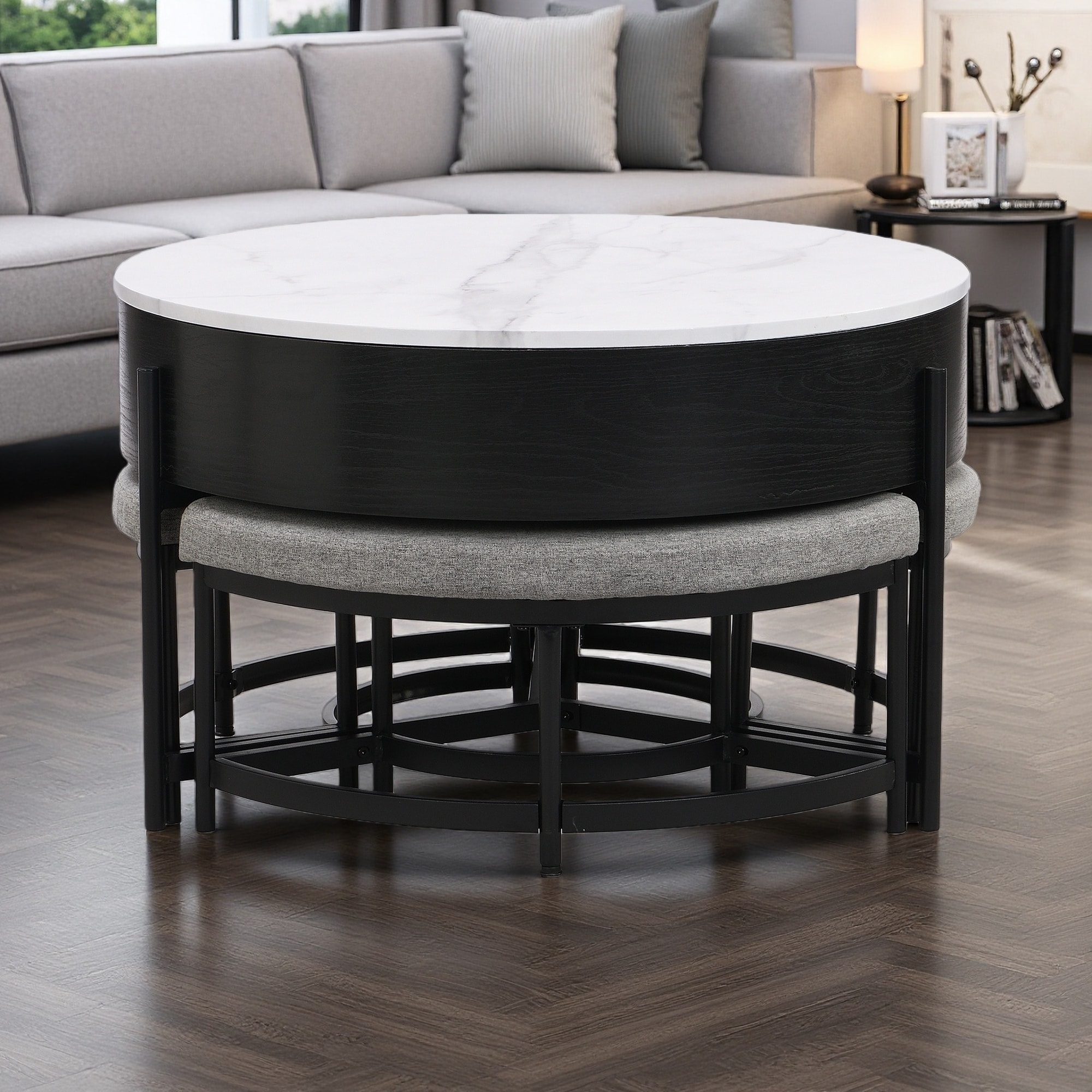 Modern 31.5" Round Lift-Top Coffee Table with Storage & 3 Ottomans, White & Natural, MDF Living Room Set