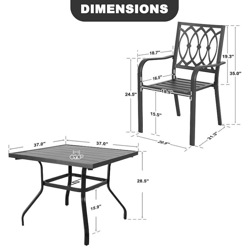 Metal Outdoor Dining Set with Umbrella Hole and Stackable Chairs