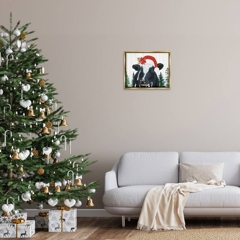 Stupell Christmas Hat Cow Portrait Framed Floater Canvas Wall Art Design By Ashley Justice