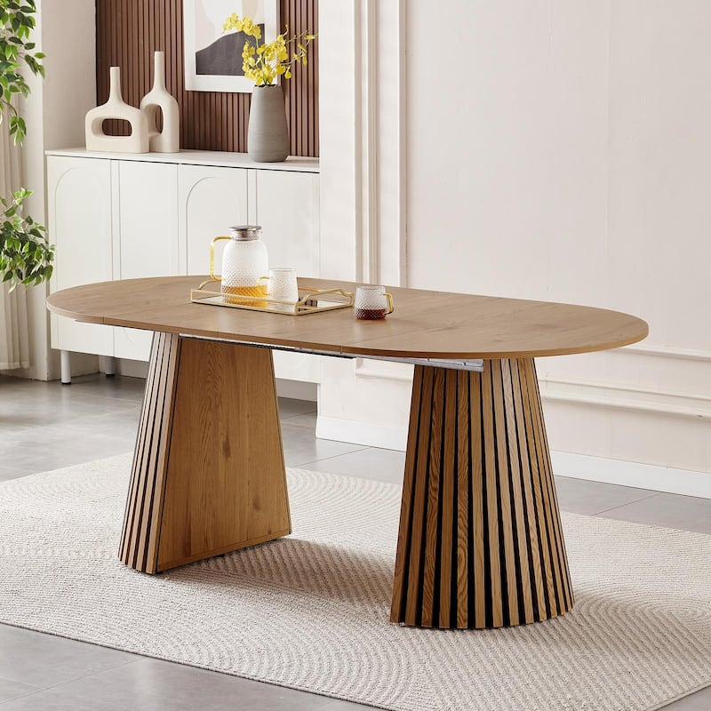 Wooden Dining Table, Flexible and Extendable, Multi-functional and Space-saving, Fashionable Oval Design and Slatted Table Legs - Natural Wood