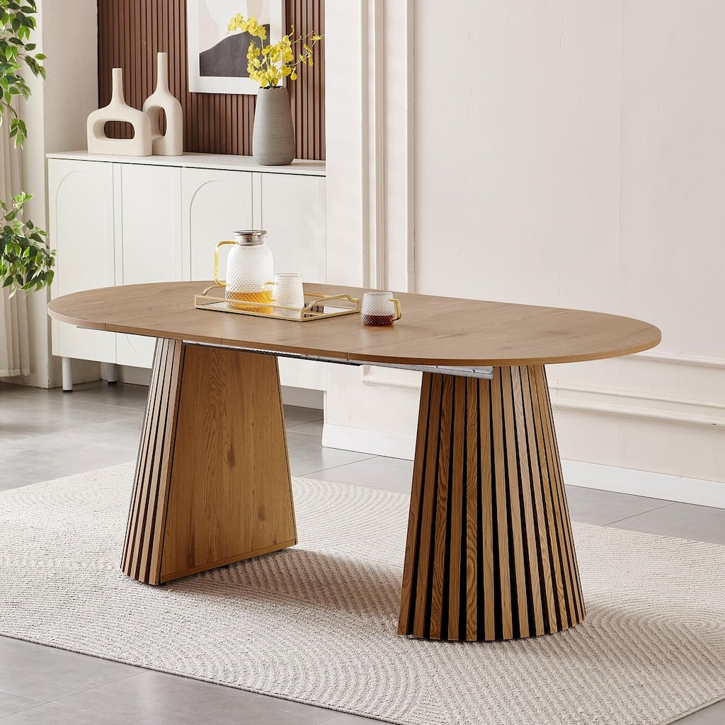 Wooden Dining Table, Flexible and Extendable, Multi-functional and Space-saving, Fashionable Oval Design and Slatted Table Legs