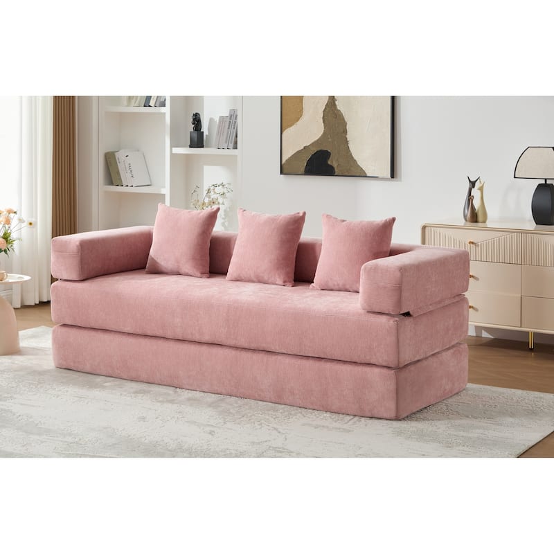 HOMEFUN Chenille Upholstered Convertible Foldable Memory Foam Sleeper Sofa with Pillows for Living Room - Pink