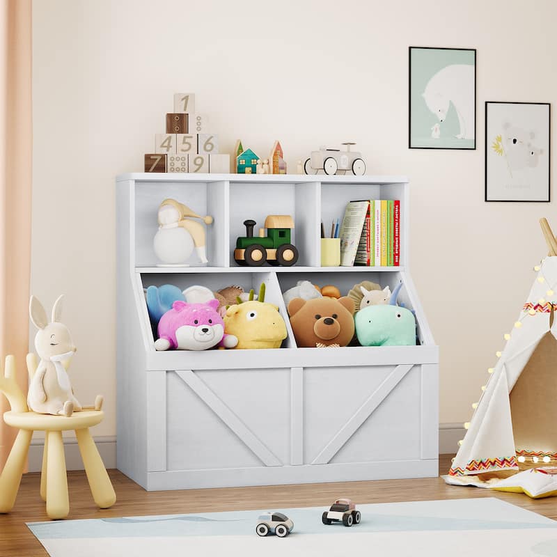 Toy Storage Organizer and Kids Bookshelf, Toddler Toy Storage Cabinet with Toy Shelf - Vintage White