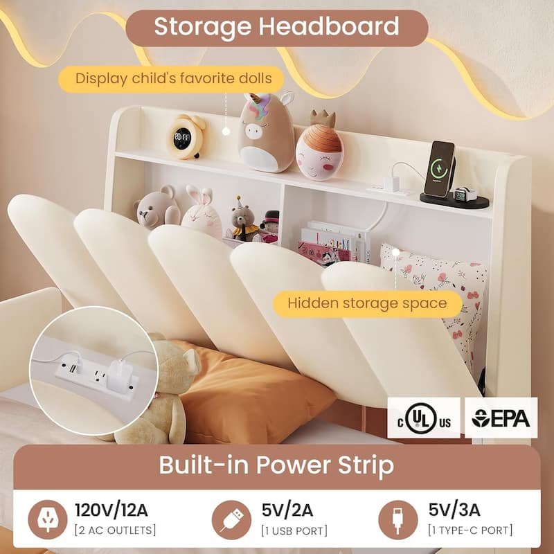 LED Bed Frame Storage DrawerSafety Guardrails Velvet Princess Platform Bed Kids