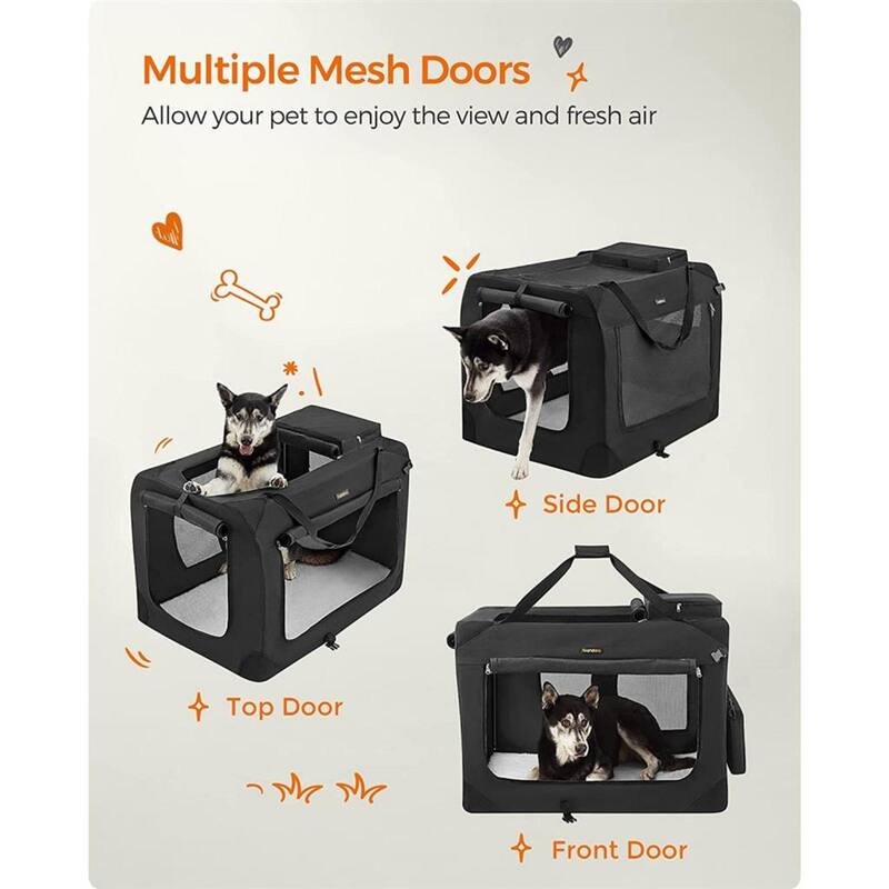 Black Portable Collapsible Pet Crate with Metal Frame and Handle, Storage Pockets