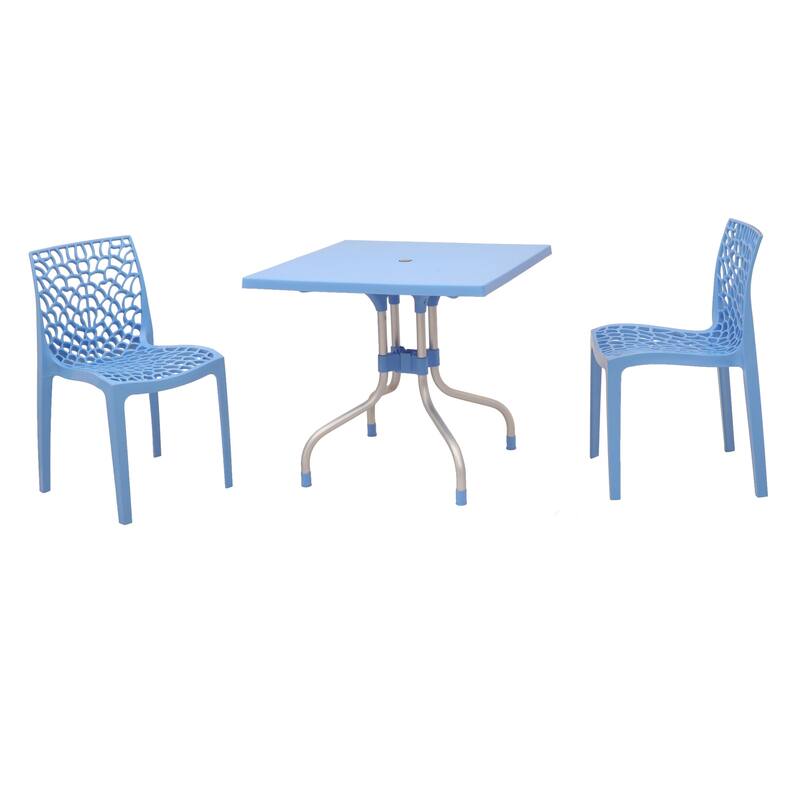 Lyra Square Table and Karissa Patio Chairs 3-Piece Outdoor Lounge Set - Blue