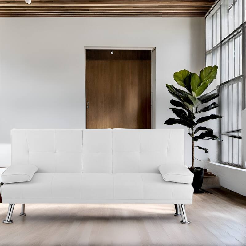 Convertible Futon Sofa Bed with Armrests & Cupholders - Faux Leather Reclining Couch for Small Spaces