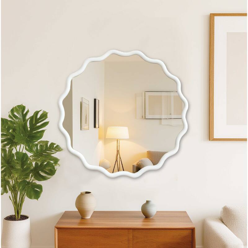 GDFStudio - Linea Luxury Modern Wavy Round Wall Decorative Mirror with Solid Wood Frame & Organic Flow Design