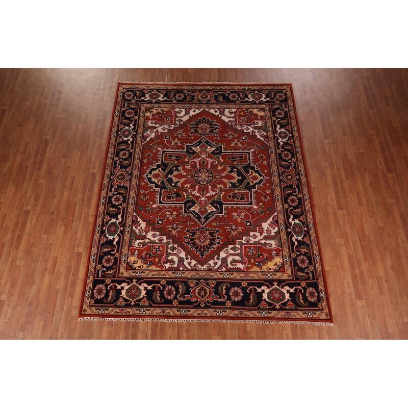 Geometric Heriz Serapi Indian Area Rug Hand-Knotted Wool Carpet - 8'0" X 10'4"