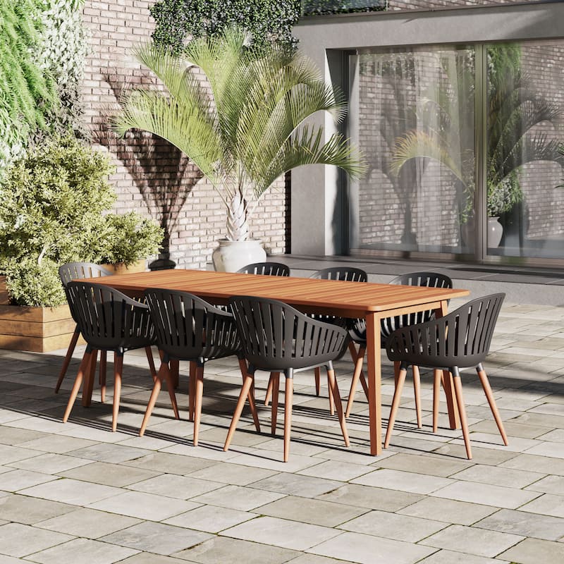 Amazonia FSC Wood Outdoor Patio Jenther Dining Set - 9pc - Black Wood Armchairs