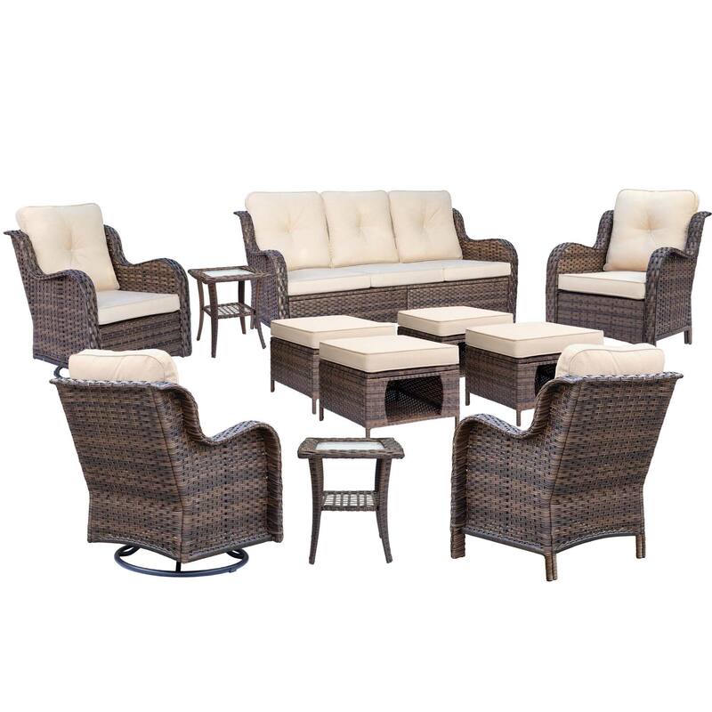 11 Piece Outdoor Wicker Patio Conversation Furniture Swivel Chairs Set