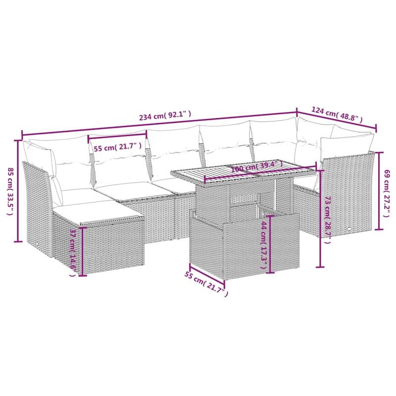 vidaXL Patio Sofa Set with Cushions Outdoor Furniture 8 Piece Poly Rattan - 21.7 x 24.4 x 27.2