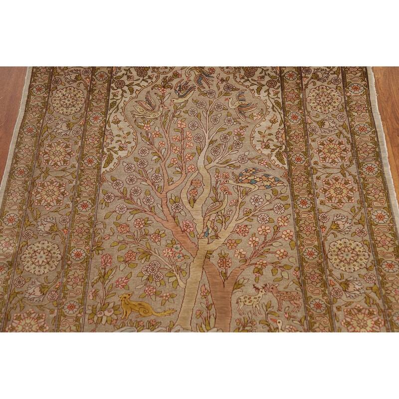 Hand Knotted Oriental Silk & Silver Carpet Traditional Floral Brown Hereke Area Rug - 5' 5'' X 3' 6''