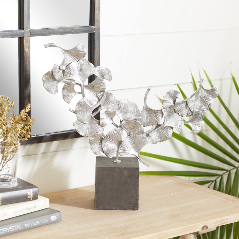 Silver Polystone Floral Decorative Sculpture with Black Block Base - Silver