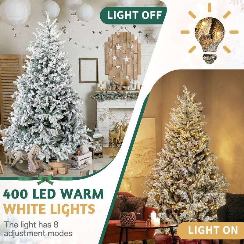 7 FT Pre-lit Snow Flocked Christmas Tree, Artificial Hinged Xmas Pine Tree for Holiday Party Office Home, Snowy Green