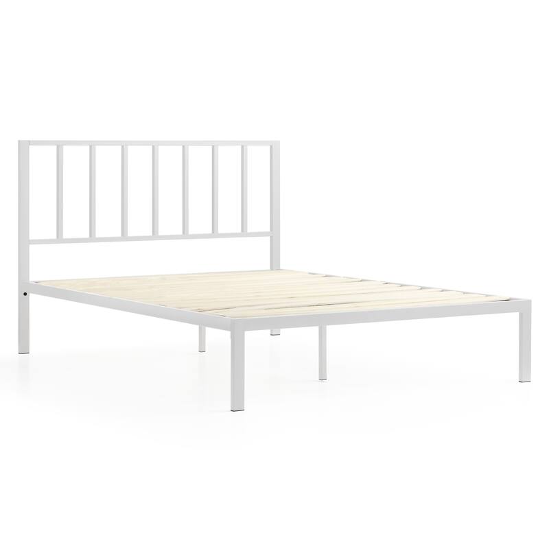 Modern White King Metal Platform Bed with Vertical Bar Headboard
